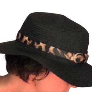 Leopard Black paper straw hat with buckle trim slight flare